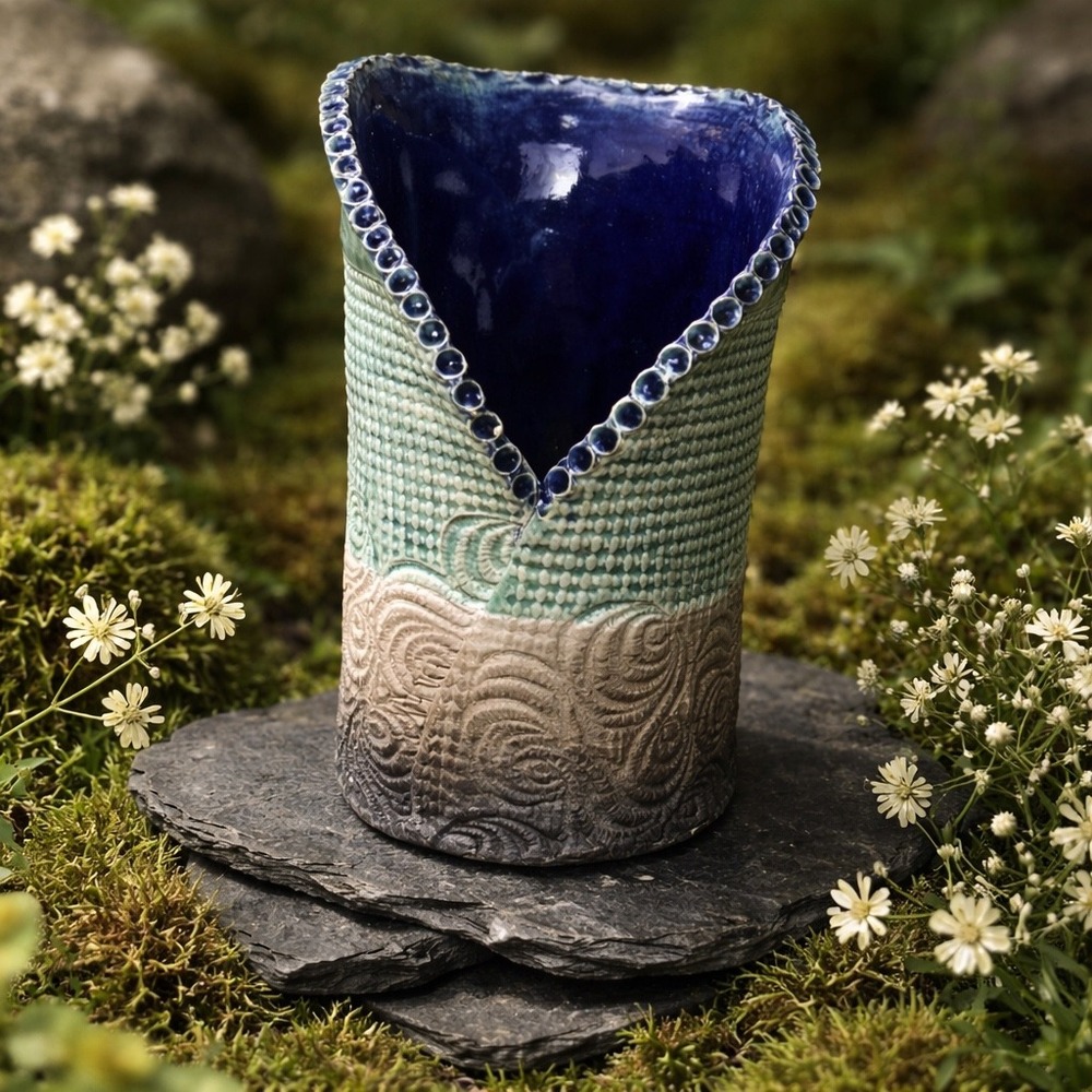 T. Wak Studio Pottery Vase 2014 Handcrafted Textured Ceramic Blue Teal Tan Art